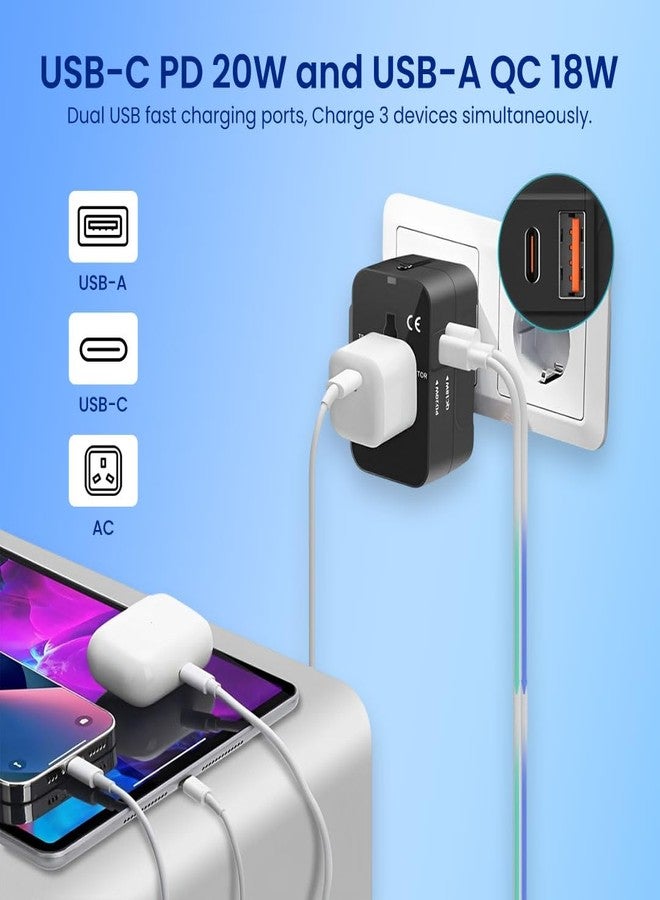 ماك محول سفر عالمي من MAK مزود بمنفذ إخراج USB-A بقوة 18 وات ومنفذ Type-C PD بقوة 20 وات، محول شحن سريع دولي شامل، مناسب لأكثر من 200 دولة (الولايات المتحدة، المملكة المتحدة، الاتحاد الأوروبي، أستراليا، إلخ) (أسود) - Image 4